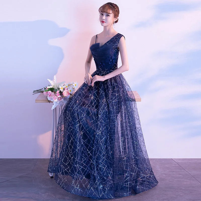 Ele Blue adient Starry  Evening Gown Women's Faion ow Host Ball Dr Autumn New Arrival Chinese Production