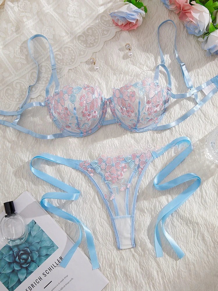 Toucheart 2 Piece Set Embroidery Lingerie Set Women Sheer Bra and Brief Underwear Set Satin Sexy Intimates See-Through Underwear