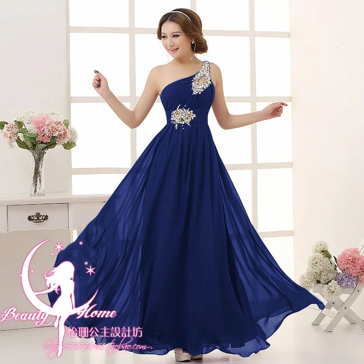 M108 Customized One Shoulder Chiffon Bridesmaid Dresses Bride Crystal Acrylic Diamond Jewelry Sexy Bespoke Occasion Dress Long
