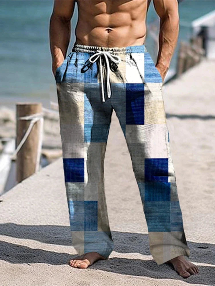Plaid Color Block Men's Resort 3D Printed Casual Pants Trousers Elastic Waist Fit Straight-Leg Pant Summer Beach Pants 6XL