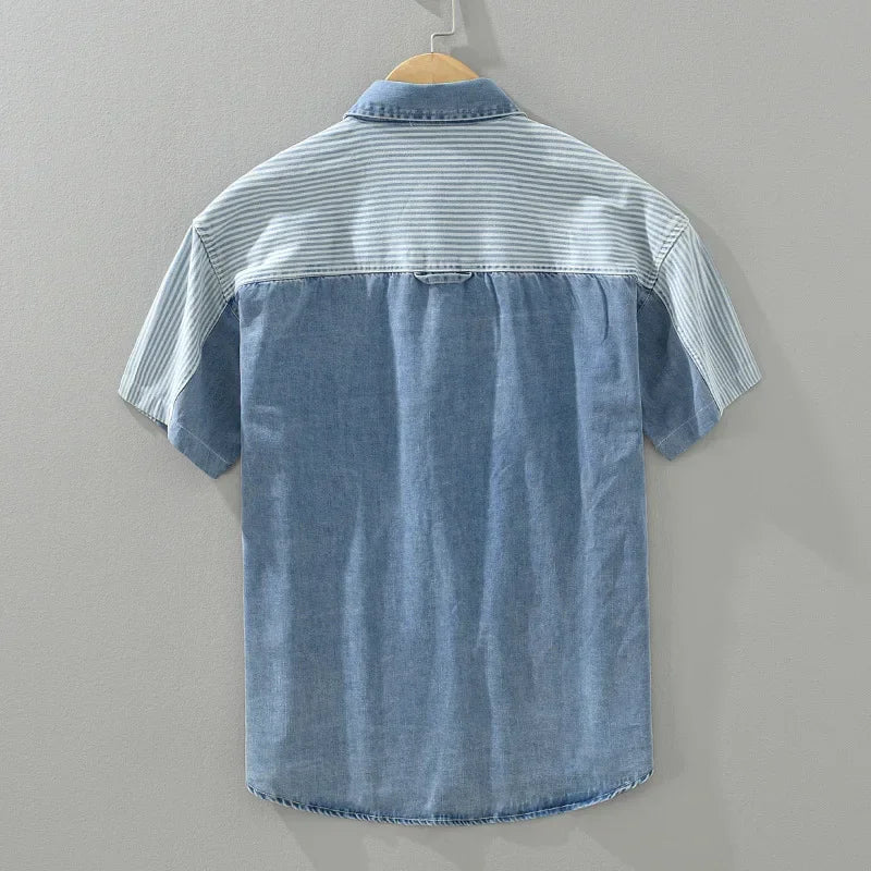 Summer New Short Sleeve Denim Shirt Men High Street Jean Tops Stripe Patchwork Designer Shirts Youth Korean Fashion Men Clothing