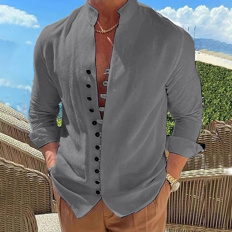 2023 New Men's Cotton Hemp Casual Loose Long Sve irt Pure Color Stand Collar Summer Faion Comfortable Clothing
