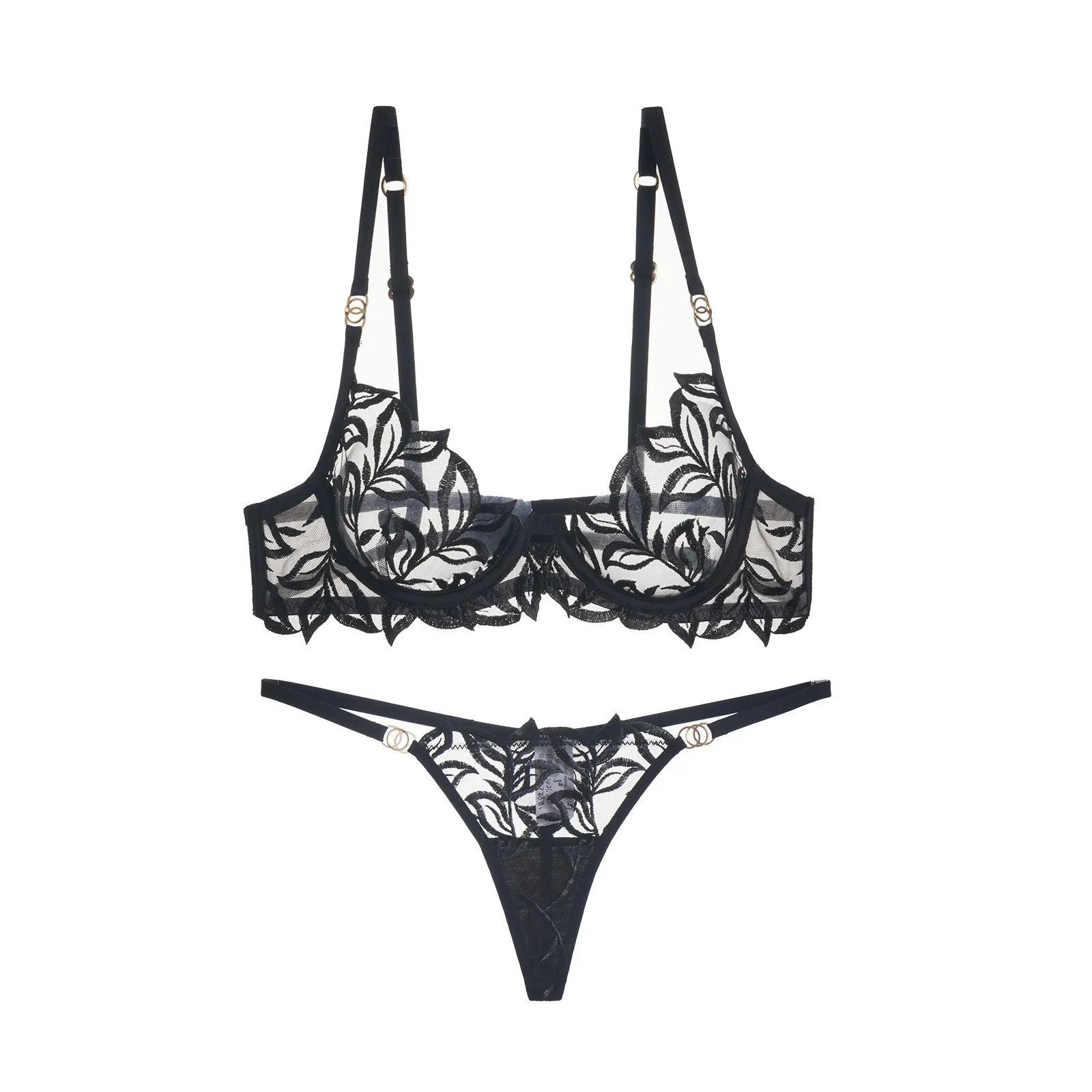 Lace Lingerie Bra & Brief Sets Women's Transparent Lace Bra Top Thin Cotton Sexy Embroidered Hollow Out T-back Soft Bra Set