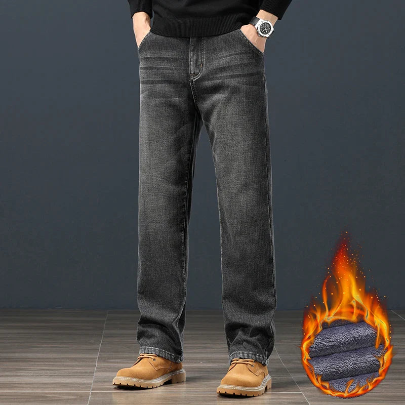 Winter Fleece Men Jeans Classic Loose Straight Warm Thicken Trousers Business Casual Velvet Elastic Denim Pants Plus Size 42 44