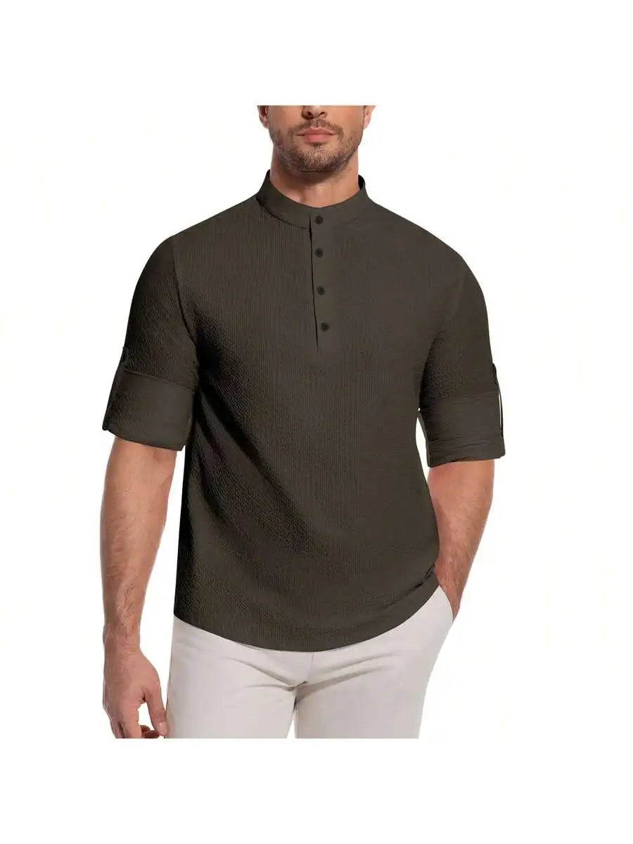 Men's Short Sleeve Henley Shirt, Striped Waffle Knit, Lightweight & Breathable for Summer Casual Wear