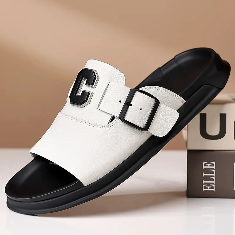 Men Outwear Genuine Leather Slippers for Men Fashion Buckle Designer Summer Flip-flops Male Casual Non-slip Beach Shoes Man