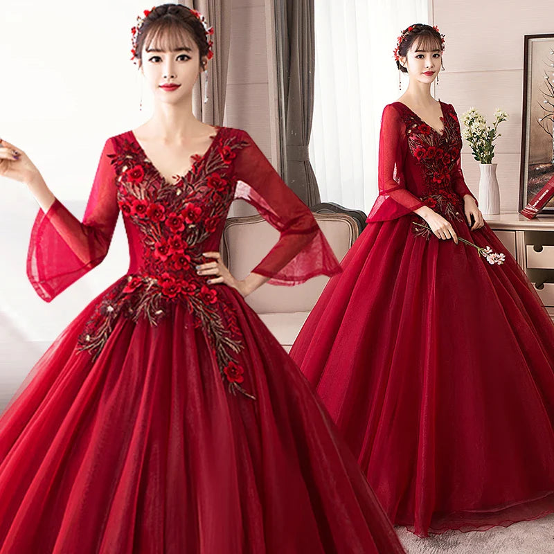 Wine long sweat half sleeve lady girl women princess bridesmaid banquet party ball prom dress gown