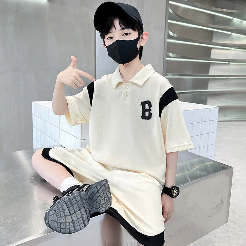 Boys Summer Clothing Set 2025 New Casual Cotton Turn Down Collar Polo Shirt & Shorts Two Piece Suit Teenage Clothes Tracksuit