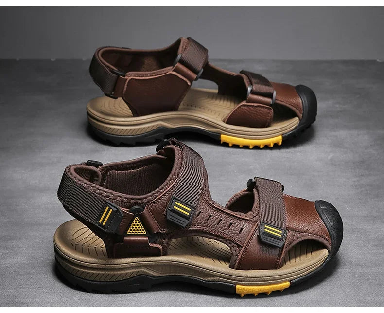 Summer Breathable Genuine Leather Men Sandals Waterproof Non-Slip Large Size flip flops Beach shose For Outdoor Anti-Collision