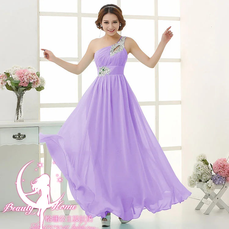 M108 Customized One Shoulder Chiffon Bridesmaid Dresses Bride Crystal Acrylic Diamond Jewelry Sexy Bespoke Occasion Dress Long