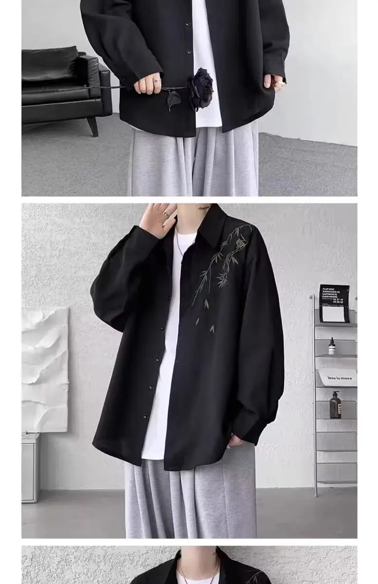 New Chinese Sle Long Sve Men's irt Embroidered Casual Thin Spring Loose Haome Cotton Flannel irt Jaet