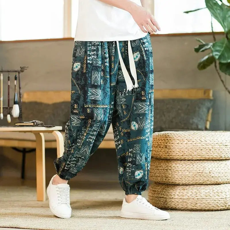 Spring and Summer Chinese Men Loose Printed Beach Thin Over-knee Casual Trousers