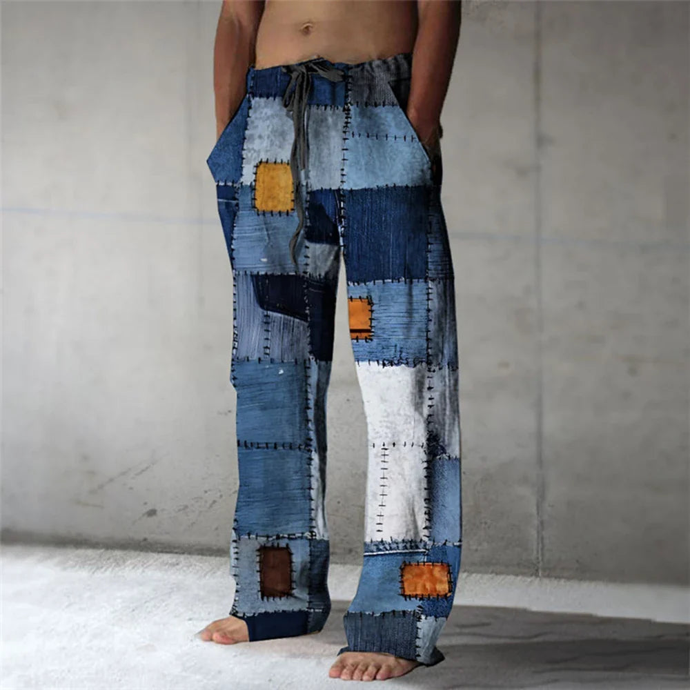Plaid Color Block Men's Resort 3D Printed Casual Pants Trousers Elastic Waist Fit Straight-Leg Pant Summer Beach Pants 6XL