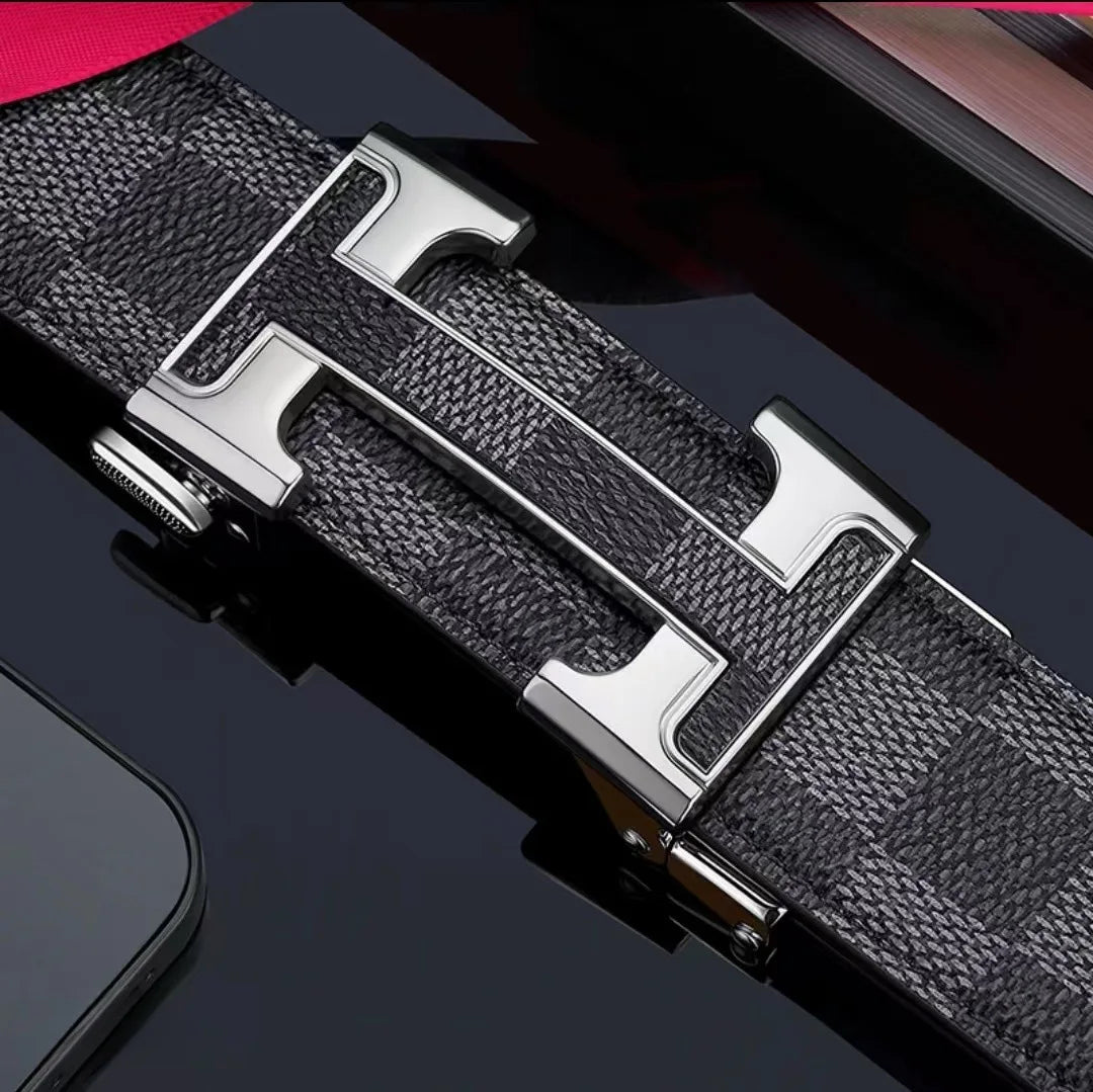 Check Pattern Leather Belt Automatic Buckle Young Fashion Casual Belt Trendy Ins Top Grain Cowhide High End Business