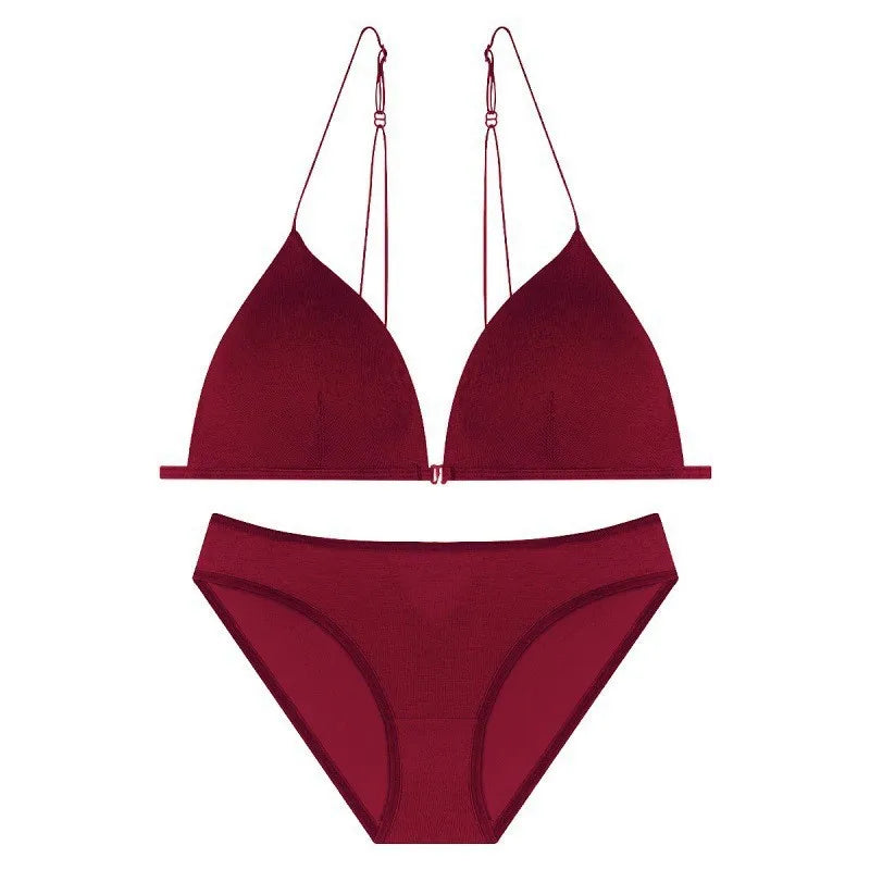 Sexy Front Closure Bralette & Panties Set Women's Underwear Padded Wire-free Strappy Push Up Bra
