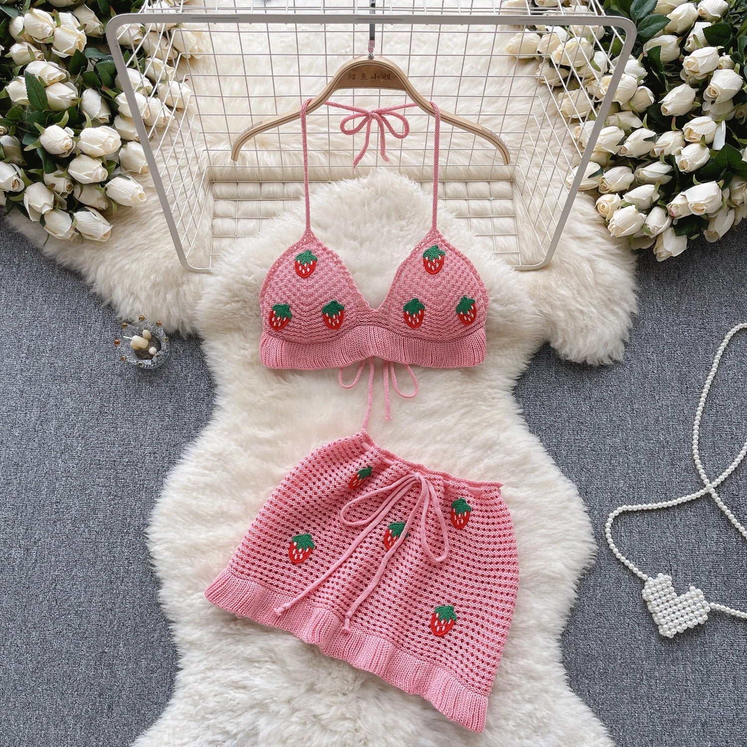 Seaside Vacation Style Hollow Hook Flower Knitted Suit Women's Sweet Hanging Neck Vest High Waist Mini Skirt Two-piece Set