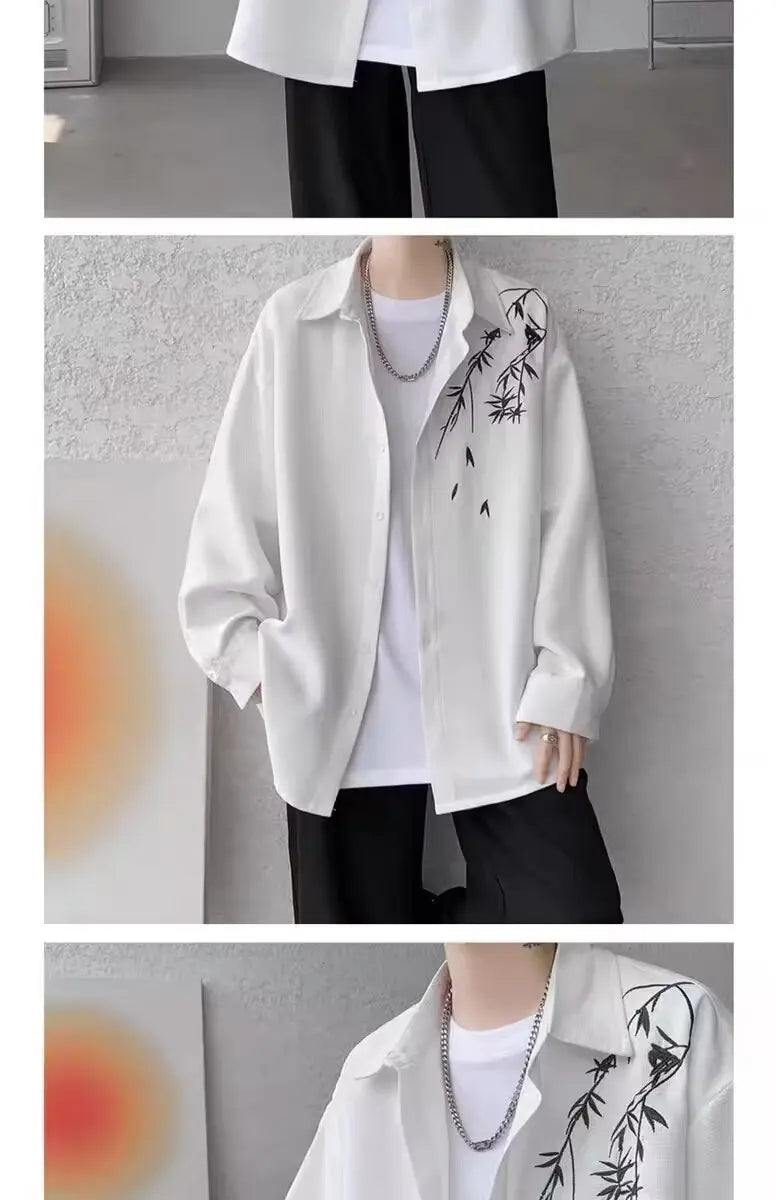 New Chinese Sle Long Sve Men's irt Embroidered Casual Thin Spring Loose Haome Cotton Flannel irt Jaet