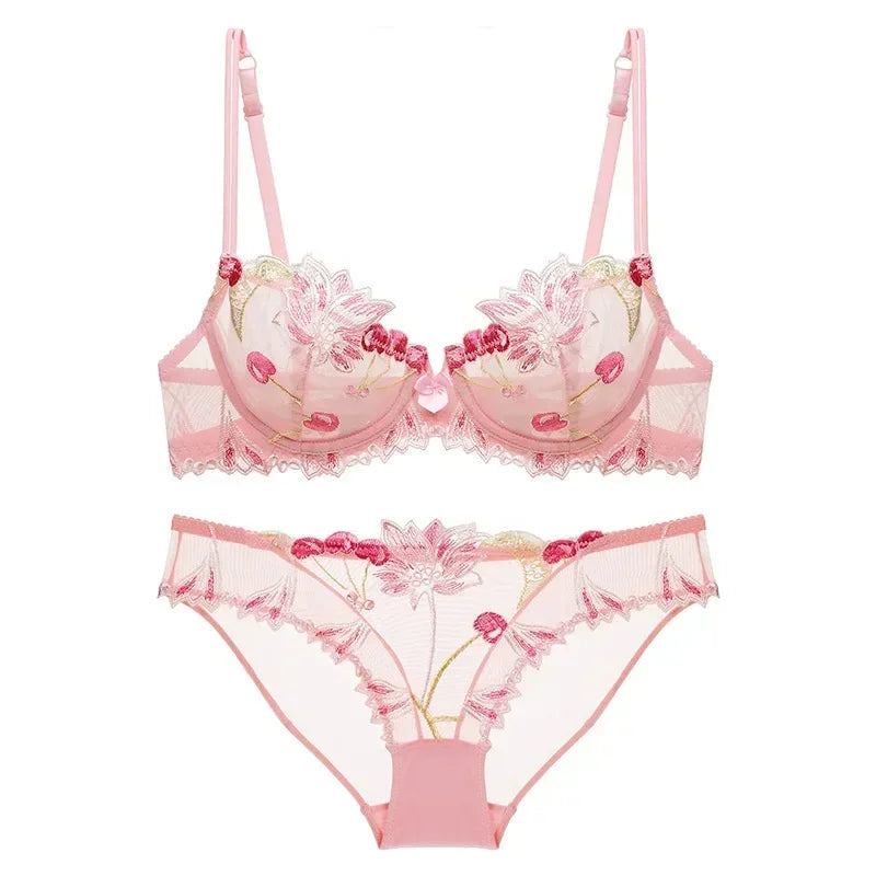 Sexy Pure Desire Lace Bra Set Women French Small Chest Gathering Ultra Thin Underwear Female Romantic Embroidery Intimates Suit