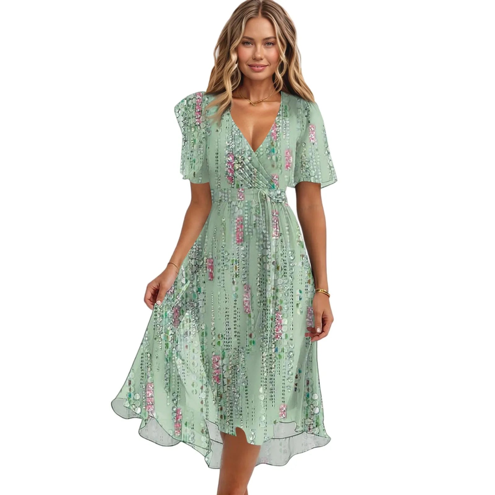 Women Summer Thin Dress Daily Casual Fashion Wrinkles V-Neck Waist Cinching A-Line Zipper Dress Lightweight Comfy Vacation Dress