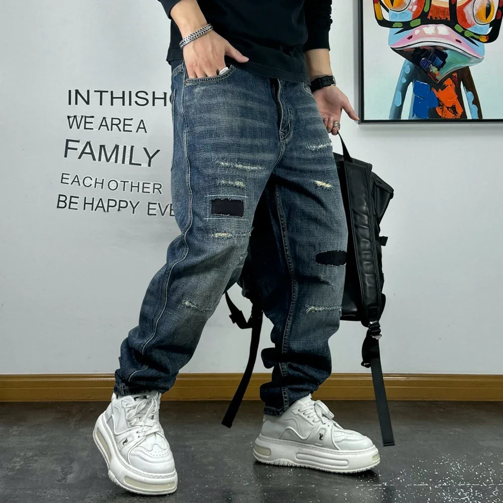 American High Quality Patch Ripped Jeans For Men Korean Fashion Denim Cargo Pants Streetwear Hip Hop Skateboard Trousers Male