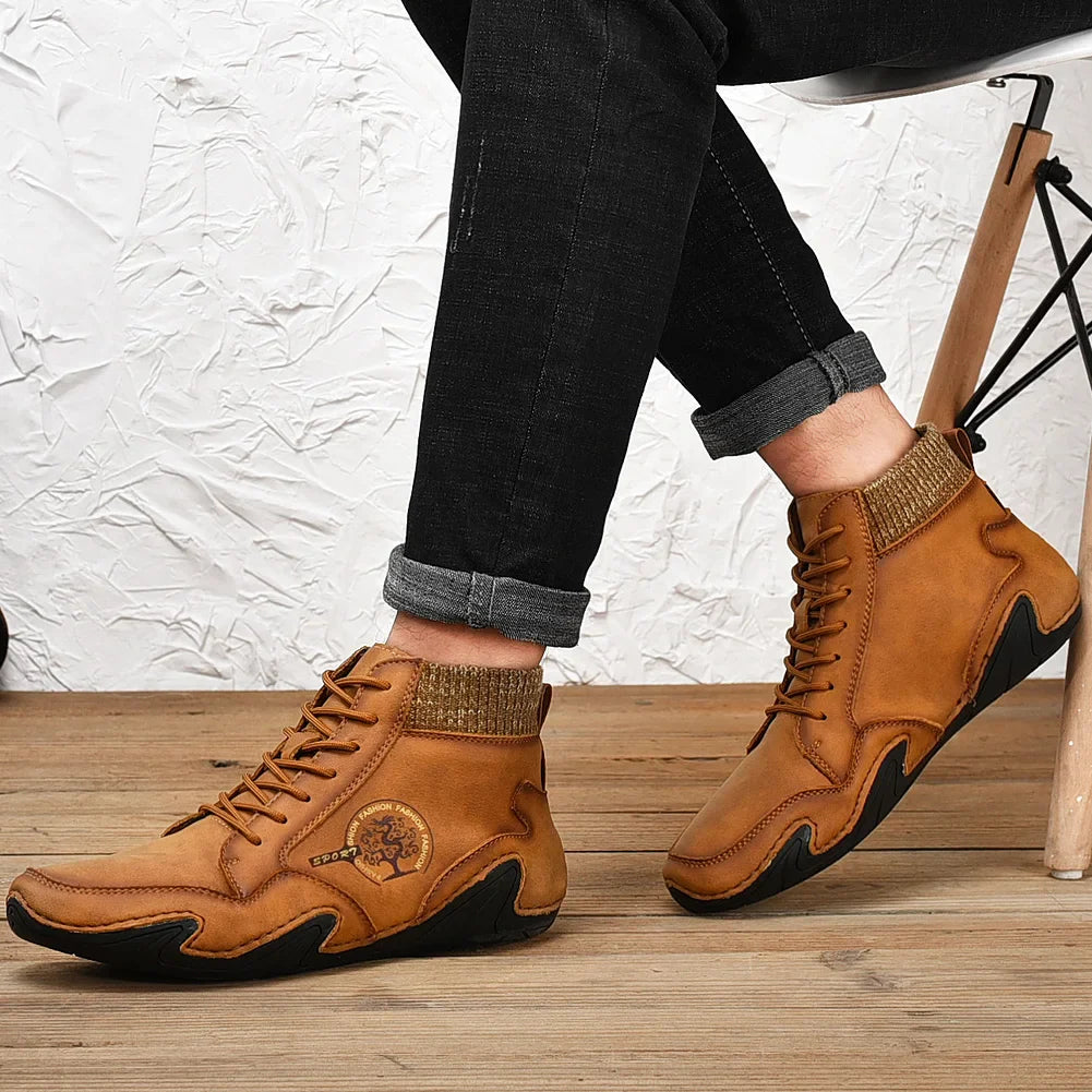 Winter Leather Men Boots Super Warm Man Snow Boots Handmade Mens Casual Shoes Walking Sneakers High Top Western Ankle Boots