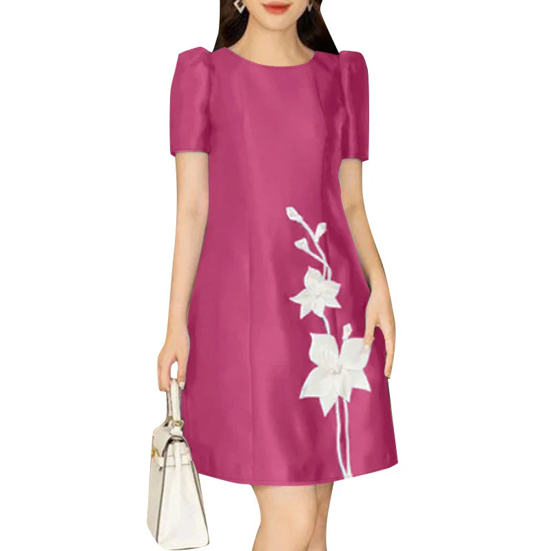 ZANZEA Korean Fashion Women A-line Robe Elegant Satin O Neck Short Sleeve Knee-length Dress Floral Printed Casual Party Vestidos