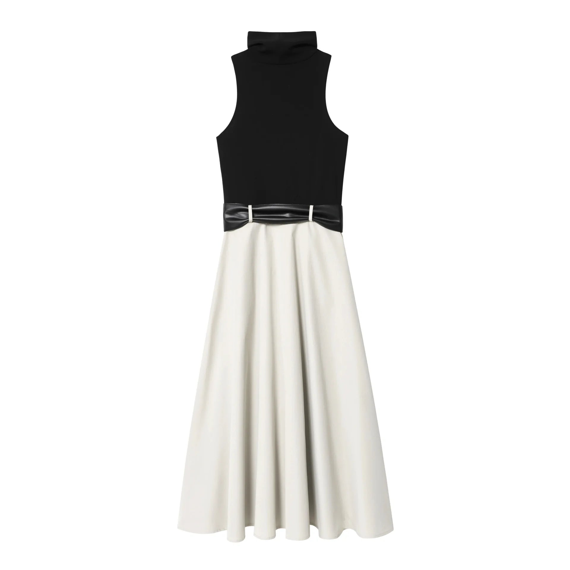 Women's New Fashion With Belt Slim Single breasted Splicing Stand Collar Midi Dress Retro Sleeveless Women's Dress