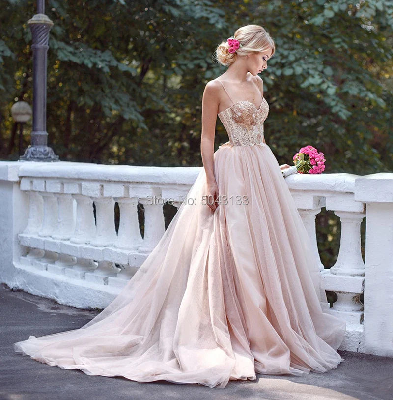 Customized Spaghetti Straps Blush Pink Tulle Wedding Dresses Sequin Lace Sleeveless Bridal Gowns Off Shoulder  de Noiva