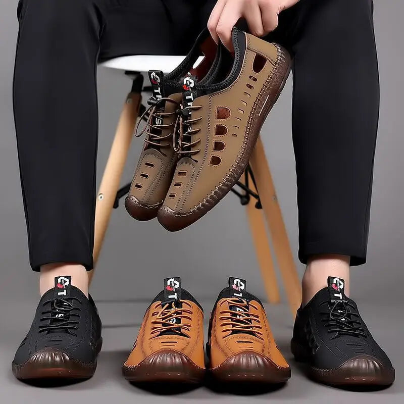 Men's Low-Top Breathable Leather Shoes Spring New Style Casual Soft Bottom Versatile Hollow out Design Comfortable All-Match