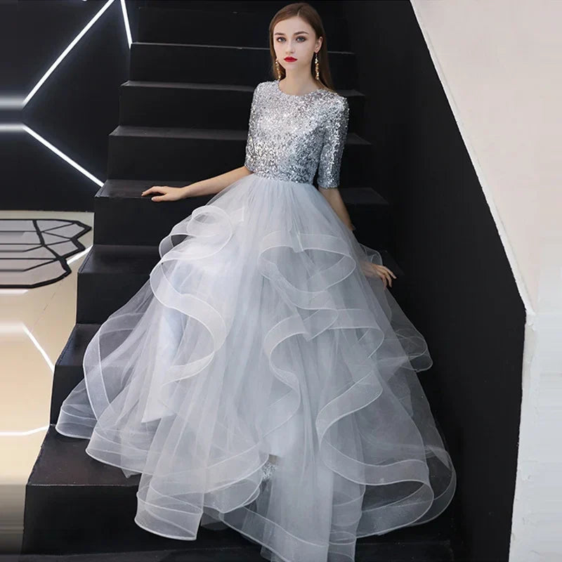 It's YiiYa Evening Dresses Gray Sequins Half Sleeve Tiered Hems Floor-length Fromal Plus size Party Gowns LX1398 robe de soiree
