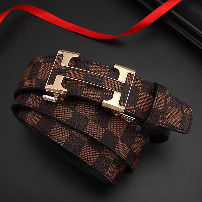 Check Pattern Leather Belt Automatic Buckle Young Fashion Casual Belt Trendy Ins Top Grain Cowhide High End Business