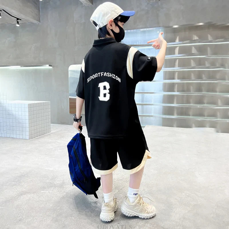 Boys Summer Clothing Set 2025 New Casual Cotton Turn Down Collar Polo Shirt & Shorts Two Piece Suit Teenage Clothes Tracksuit