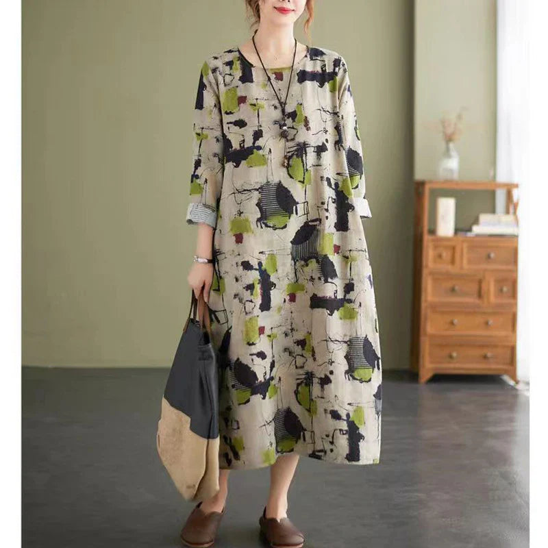 Women's Clothing Vintage Ethnic Style Print Harajuku Casual Dresses Spring Autumn Fashion Long Sleeve Oversized Midi Dress Robe