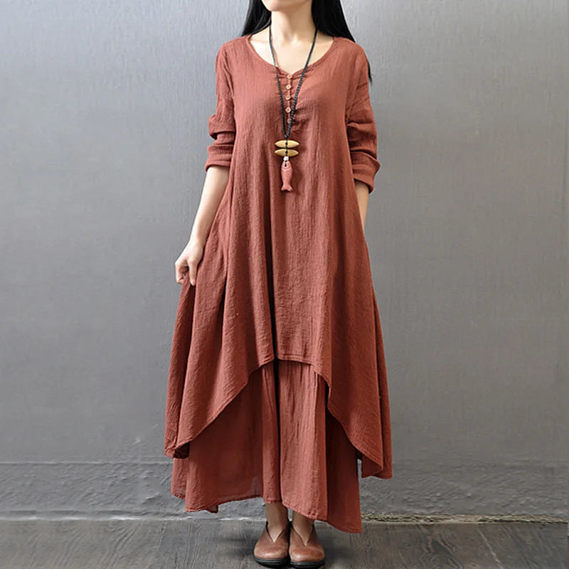 Women Elegant Linen Ginger Dresses Bohemia Layering Vintage Robe Long Sleeve Loose Long Dress Female Autumn Vestidos