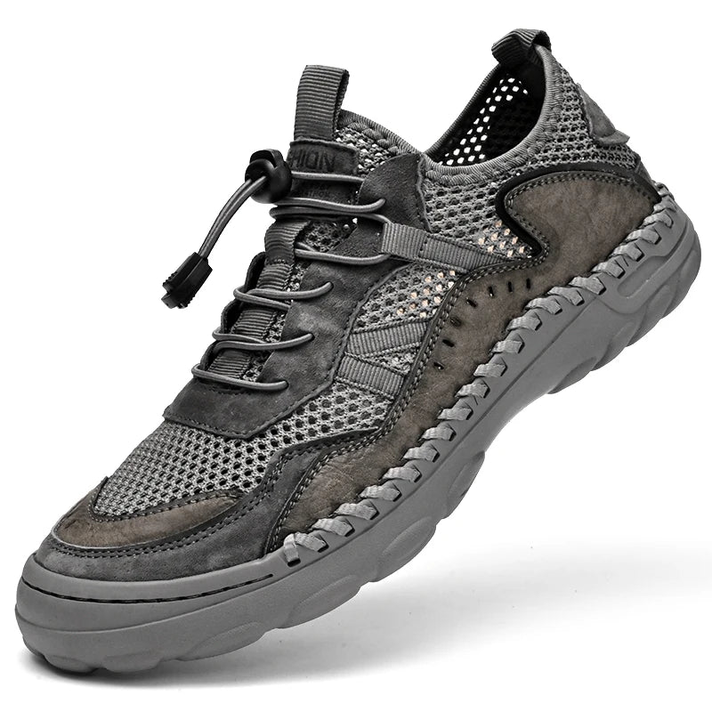 New Summer Genuine Leather Breathable Leather Sandals for Men, Mesh Sports Shoes, Non-Slip Mesh Shoes, Hiking Men's Casual Shoes