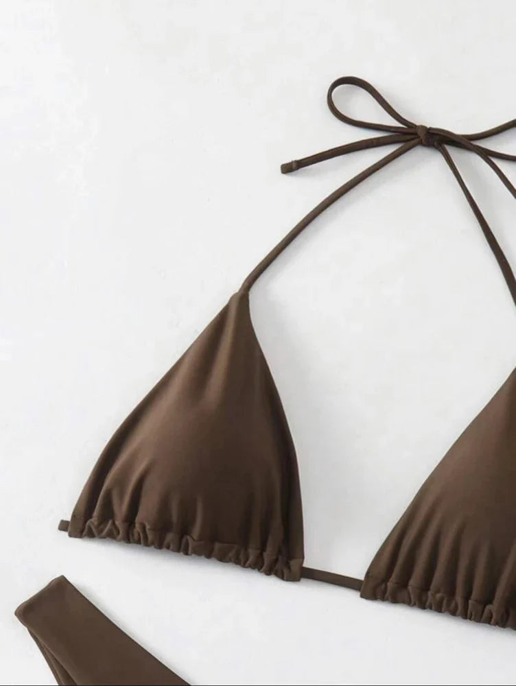 Women Thong Bikini Sexy Solid White/Black/Coffee Halter Swimsuit Lace Up Brazilian Bathing Suit 2025 New Double Fabric Beachwear