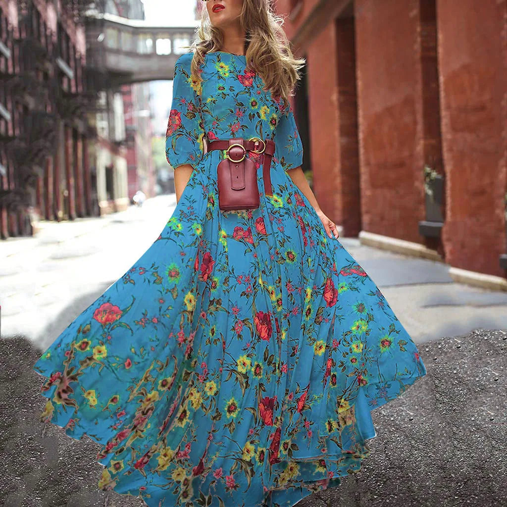 Spring Summer Vintage Flower Floral Print Maxi Dress Office Lady Fashion Elegant Long Sleeve O-neck Dresses For Women 2024