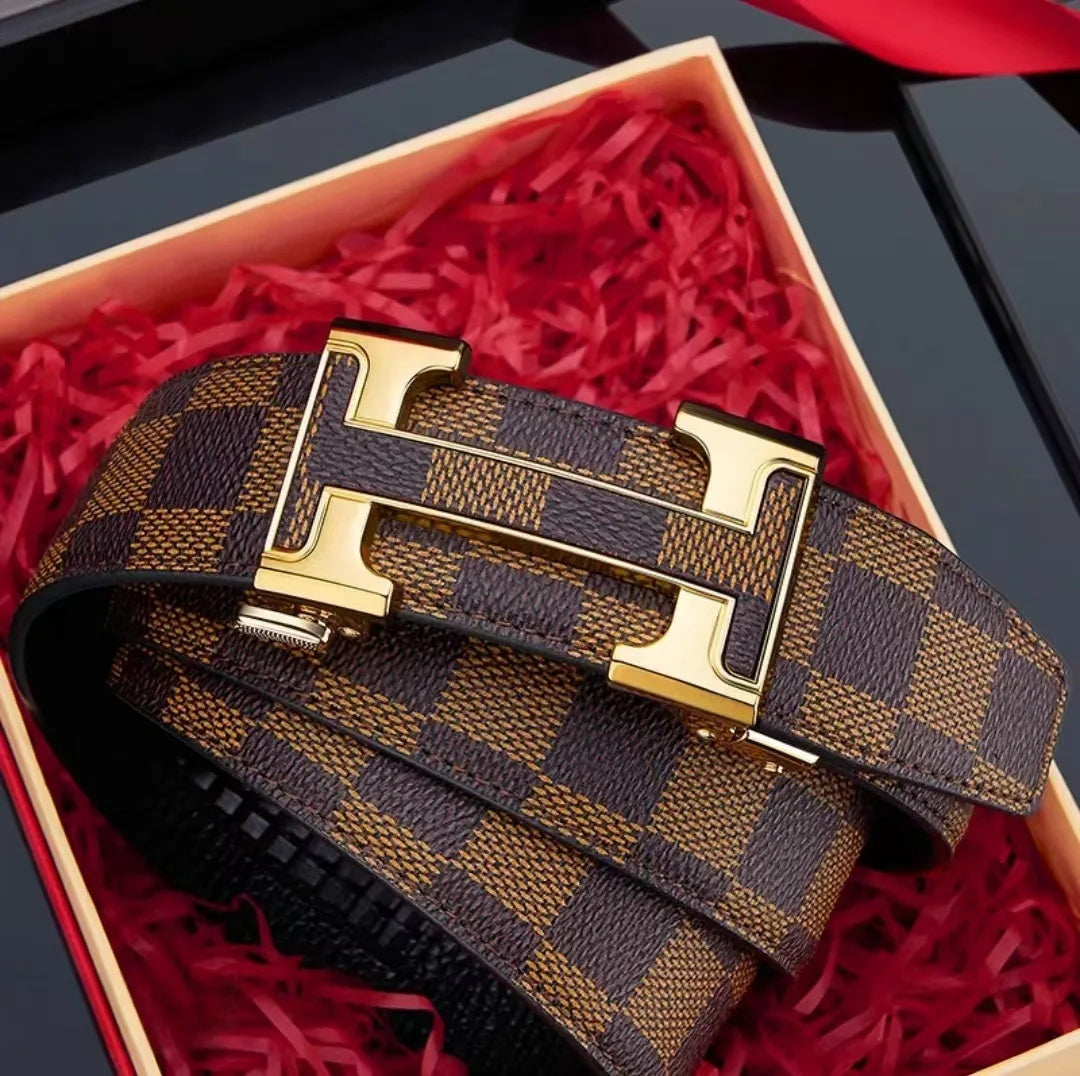 Check Pattern Leather Belt Automatic Buckle Young Fashion Casual Belt Trendy Ins Top Grain Cowhide High End Business