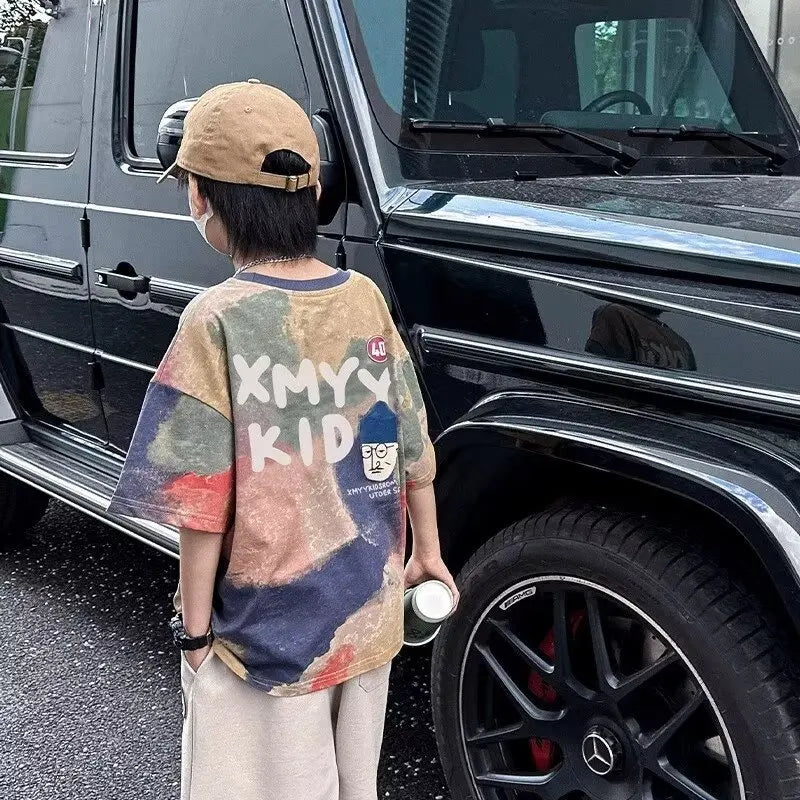 Summer Boys T-shirt High Quality Sweat Wicking Breathable Top Digital Spray Printed Children's Clothing High Street Kids Clothes