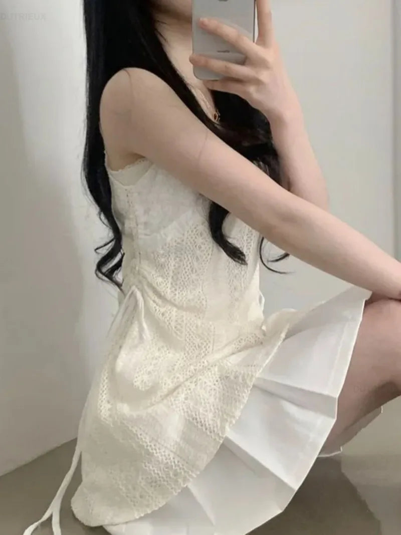 Summer Dress Women Chic French Lace Stitching Sling Shirt Stacked Gauze Knitted  Overskirt Inner Wear Base Short