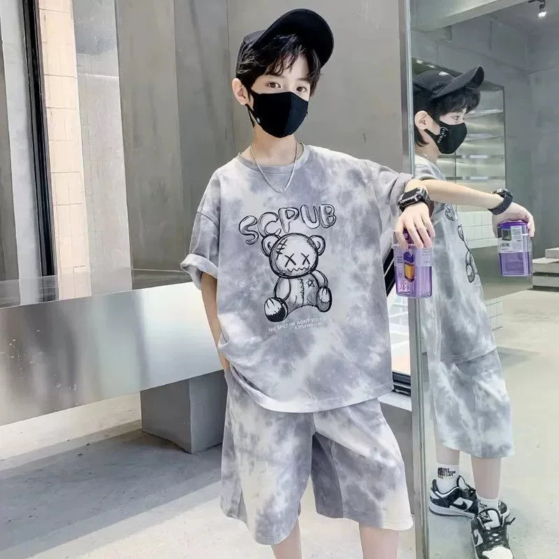 Boys Sports Suit Summer Cartoon Sets New Children's Short-Sleeved T-Shirt Shorts 2-Piece Kids Fashion Loose Clothes Outfit