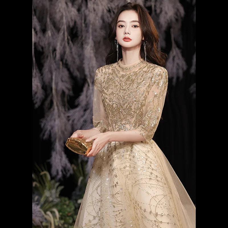 Ele Golden Evening Dr for Women Faionable Host Sle Midi Skirt Polyester Fabric Regular Sve mid Waist