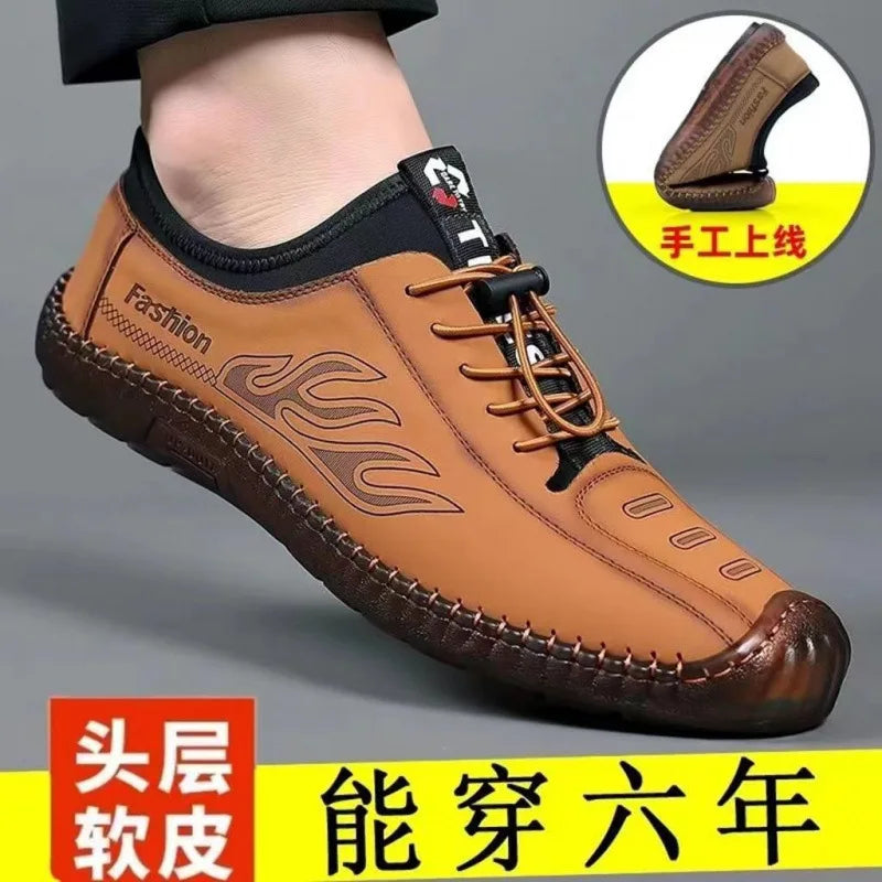 Men's Low-Top Breathable Leather Shoes Spring New Style Casual Soft Bottom Versatile Hollow out Design Comfortable All-Match