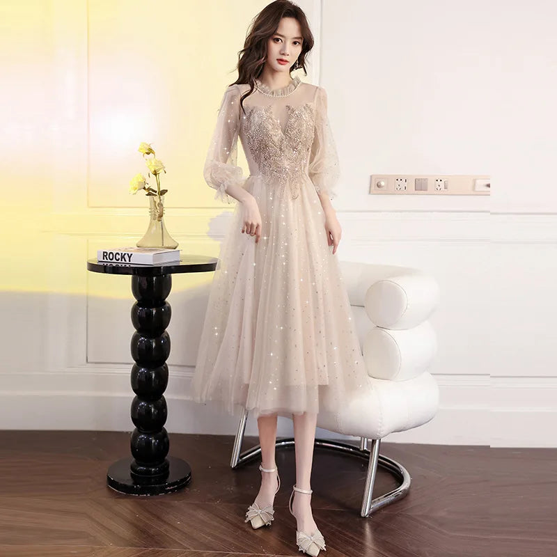 Elegant Evening Gown Mid-Length Graduation Dress O-neck Appliques Evening Dresses Simple Prom Vestidos Wedding Party Dresses
