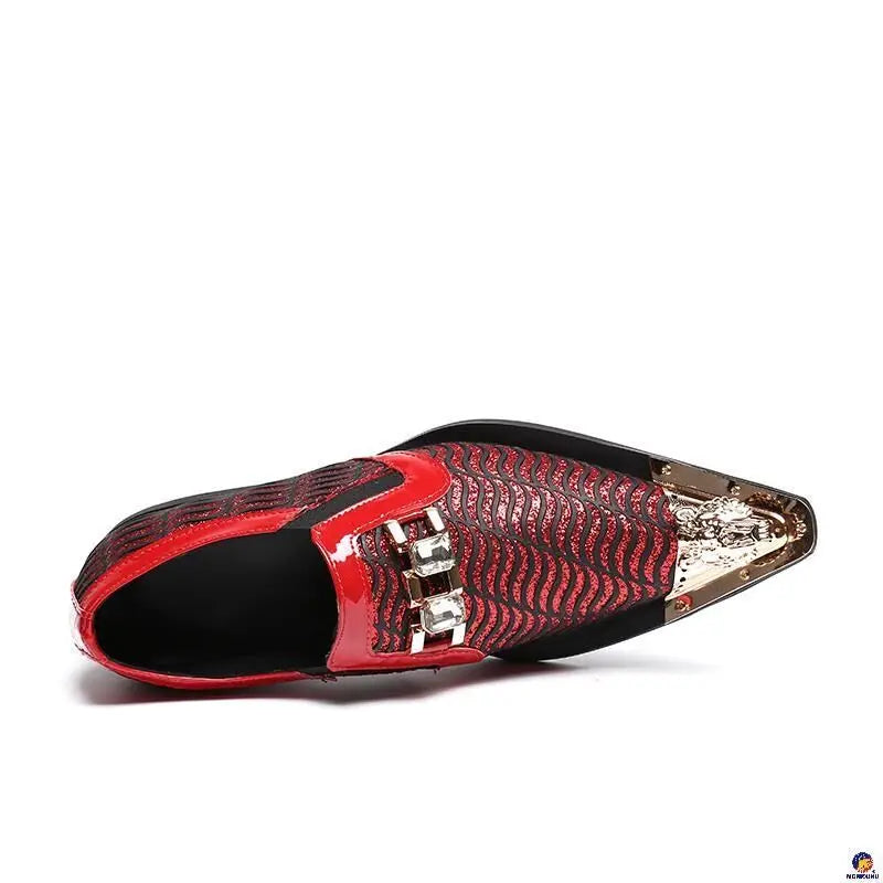 Men's Red Textured Leather Pointed Toe Buckle Dress Shoes Fashion Party Shoes Wedding Stage Formal Designer Footwear