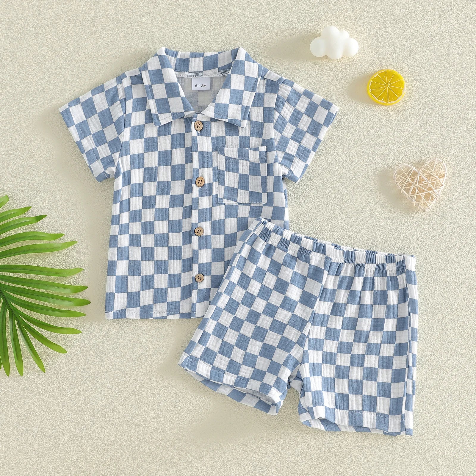 Toddler Baby Boys Summer Outfit Fashionable Plaid Short Sleeve Lapel Shirt with Shorts 2Pcs Set