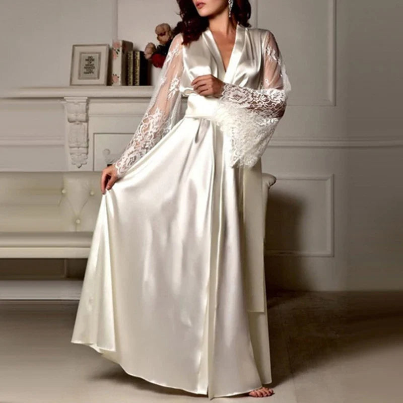 Women Long Bath Robe Summer Nightgown Lace Patchwork Lingerie Nightdress Sleepwear Sexy Robe Femme Nightgown Bridesmaid Robes