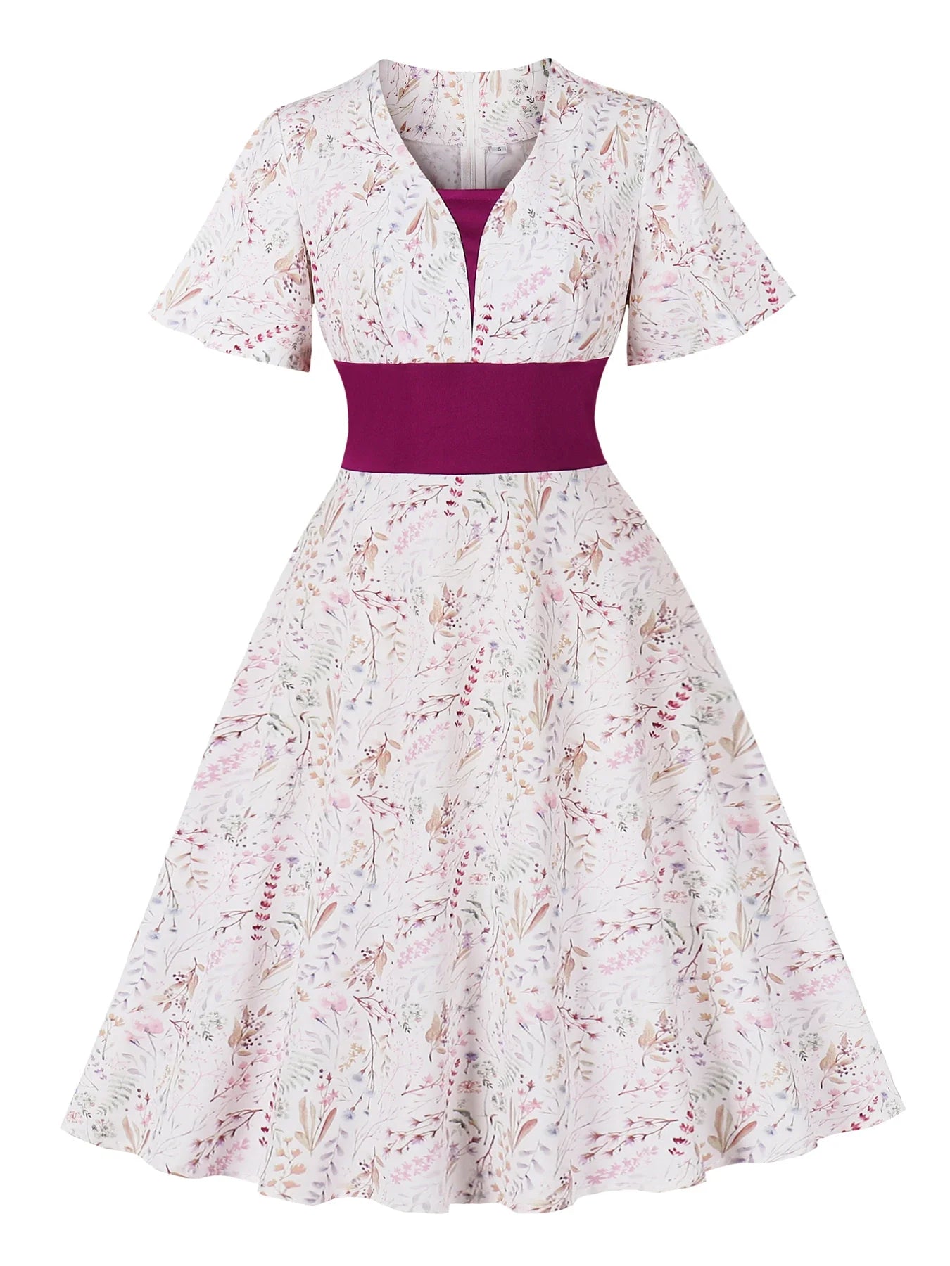 Tonval V-Neck Floral Contrast Purple High Waist Summer Dresses Holiday Women Flare Sleeve A-Line Party Birthday Beach Dress