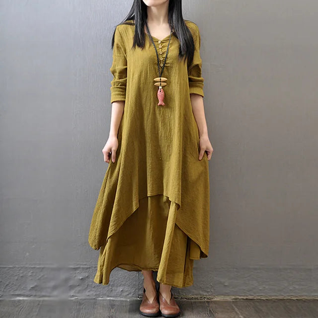 Loose Long Sve Cotton Linen Skirt Women's Artistic Sle Loose Fit Maxi Skirt Summer Casual V-ne A-line Dr
