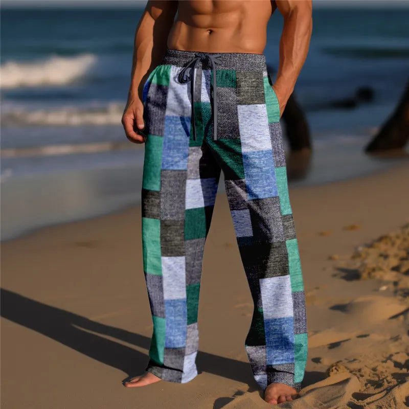 Plaid Color Block Men's Resort 3D Printed Casual Pants Trousers Elastic Waist Fit Straight-Leg Pant Summer Beach Pants 6XL